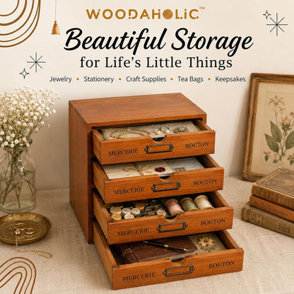 Modular Stackable Apothecary Cabinet 4 Drawer Desk Organizer - Retro Library Card Catalog Wood Storage Box - Organize Stationery, Thread Embroidery, Sewing, Crafts, Junk Drawer & Supplies Countertop