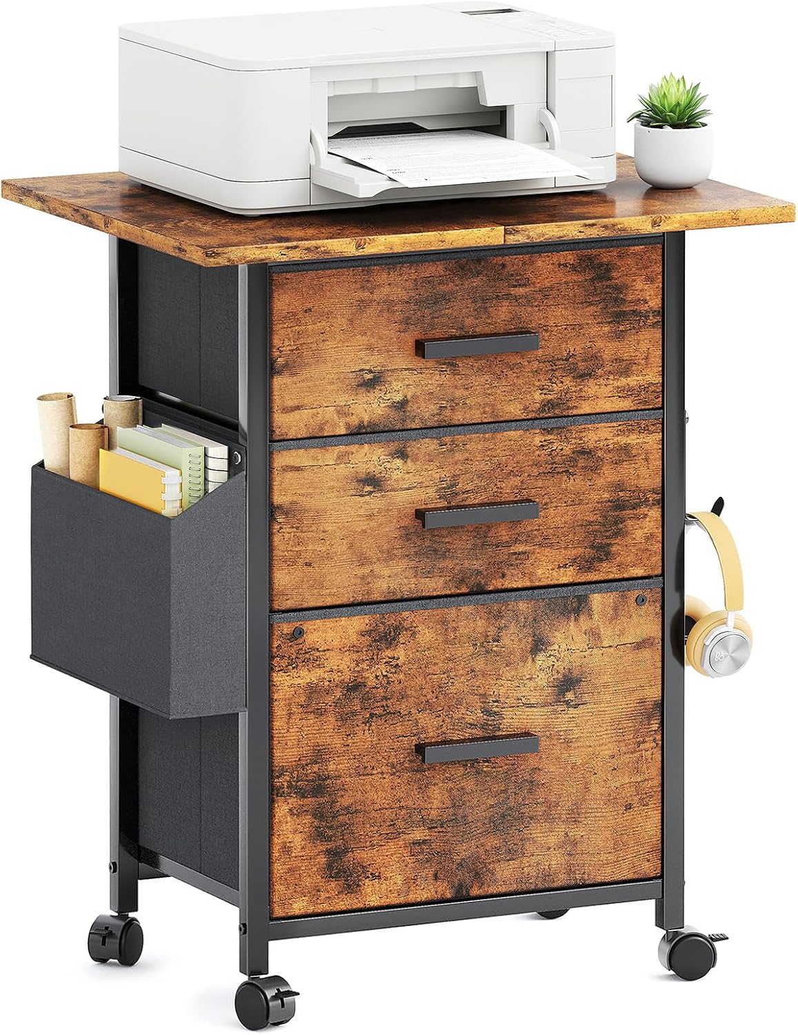 Mexin 3 Drawer File Cabinet with 22'' Extended Desktop, Mobile Filing Cabinet, Printer Stand, Rolling Printer Stand with Side Bag, Fabric Drawer, Fits A4 Size, Home Office,Rustic Brown