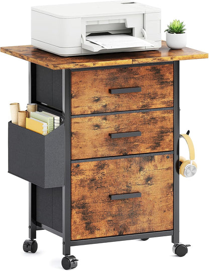 Mexin 3 Drawer File Cabinet with 22'' Extended Desktop, Mobile Filing Cabinet, Printer Stand, Rolling Printer Stand with Side Bag, Fabric Drawer, Fits A4 Size, Home Office,Rustic Brown