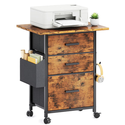 Mexin 3 Drawer File Cabinet with 22'' Extended Desktop, Mobile Filing Cabinet, Printer Stand, Rolling Printer Stand with Side Bag, Fabric Drawer, Fits A4 Size, Home Office,Rustic Brown