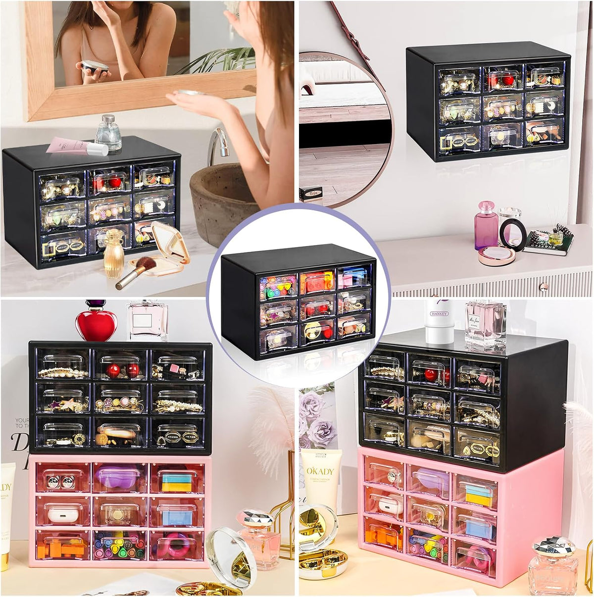 Stackable Desk Organizer with 9 Drawers, Clear Storage Box, Black