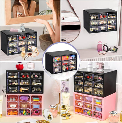 Stackable Desk Organizer with 9 Drawers, Clear Storage Box, Black