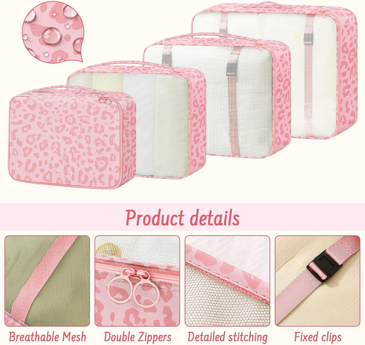 9 Set Packing Cubes for Travel Essentials - Lightweight Carry-On Luggage Organizer Bags with Shoe, Clothes & Laundry Bags for Airplane, Family & Business Travel, Pink leopard print