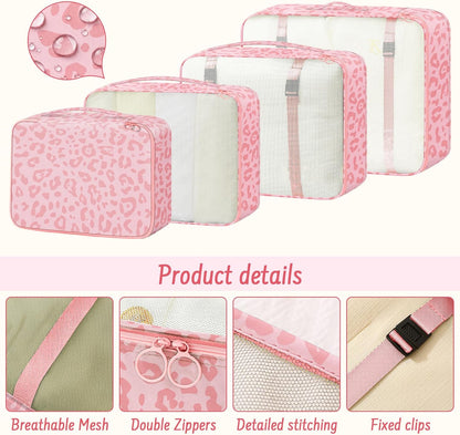 9 Set Packing Cubes for Travel Essentials - Lightweight Carry-On Luggage Organizer Bags with Shoe, Clothes & Laundry Bags for Airplane, Family & Business Travel, Pink leopard print