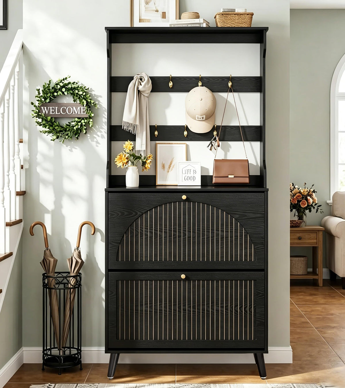 Fsbecl Shoe Storage Cabinet for Entryway with 2 Flip Drawers, Navy Blue