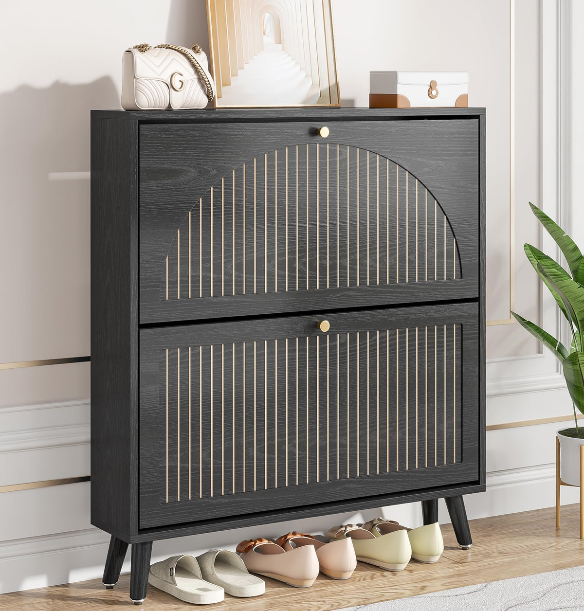 Fsbecl Shoe Storage Cabinet for Entryway with 2 Flip Drawers, Navy Blue