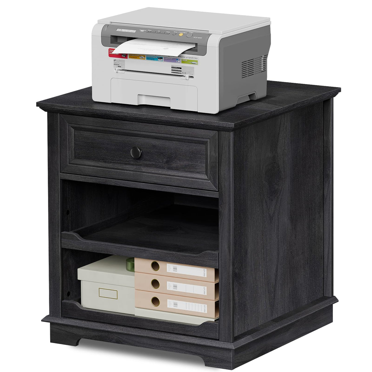 REDAYFUR Lateral File Cabinet 3 Drawer File Cabinet with Charging Station, Wood Lateral Filing Cabinet, Printer Stand with Open Adjustable Storage Shelves for Home Office, Cherry