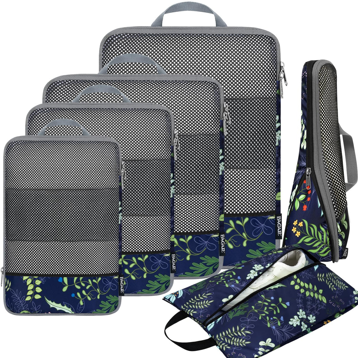 BAGAIL 4 Set/6 Set/8 Set Compression Packing Cubes Travel Accessories Expandable Packing Organizers (Half Mesh, 6-Black)