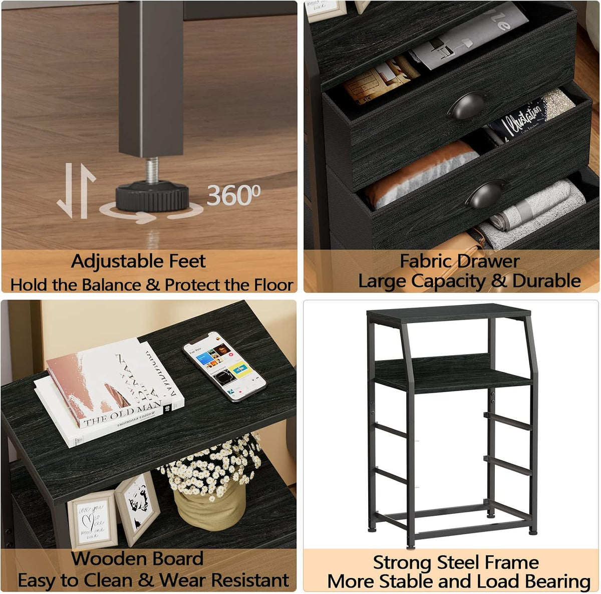 Furnulem Black Night Stand, Small Bedside Table for with 3 Fabric Drawers