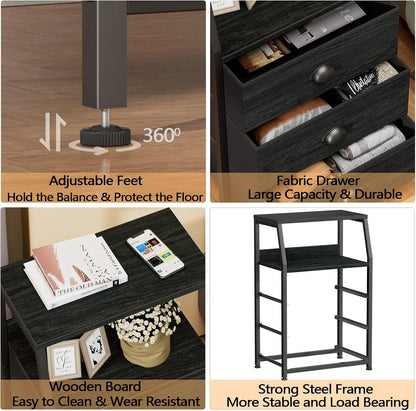 Furnulem Black Night Stand, Small Bedside Table for with 3 Fabric Drawers