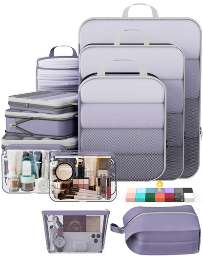 Veken 9/11 Set Compression Packing Cubes for Cruise Travel Essentials,Compressible Expandable Luggage Suitcase Organizer Bags for Clothing,Space Saver Bags with Over 1000 pcs of Mesh Holes(Beige)