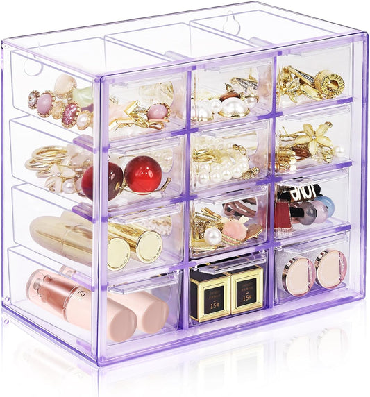 Desk Storage Organizer with 12 Mini Drawers, Stackable, Purple