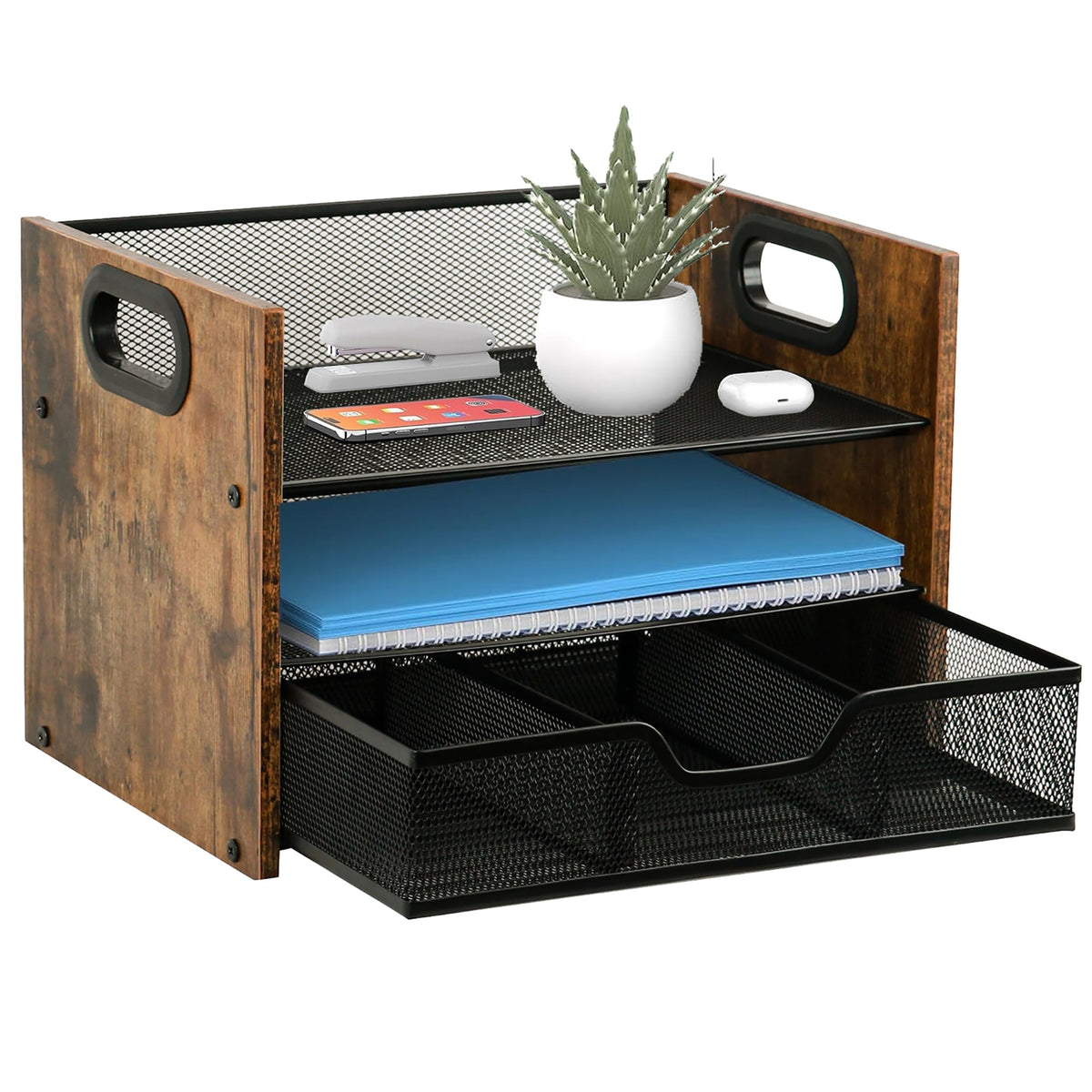Wood Desk Organizer - 3-Tier Desktop File Organizer with Drawer, Wooden Paper Tray, Office Desk Organzier and Accessories for Papers, Mail, Notebooks, Stationery
