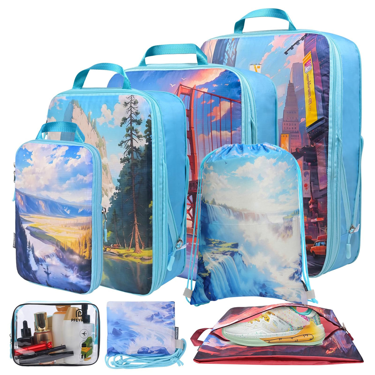 PFEYRPK Lightweight Compression Packing Cubes for Suitcases, Compressible Expandable Travel Packing Organizer with Clear Toiletries and Backpack Bag, Travel Essentials for Carry on Luggage 7 Set