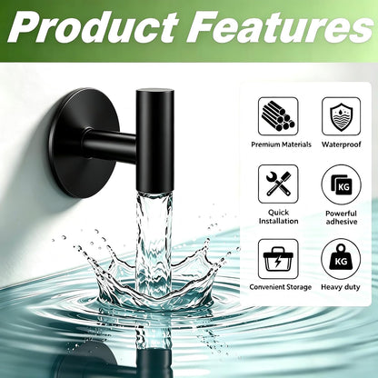 Self-Adhesive Coat Hooks, Stainless Steel Heavy Duty Wall Hooks, Towel Hooks for Hanging Robes, Aprons, Coats and Hats in Bathrooms,Kitchens and Hotels(2 Pack, Black)