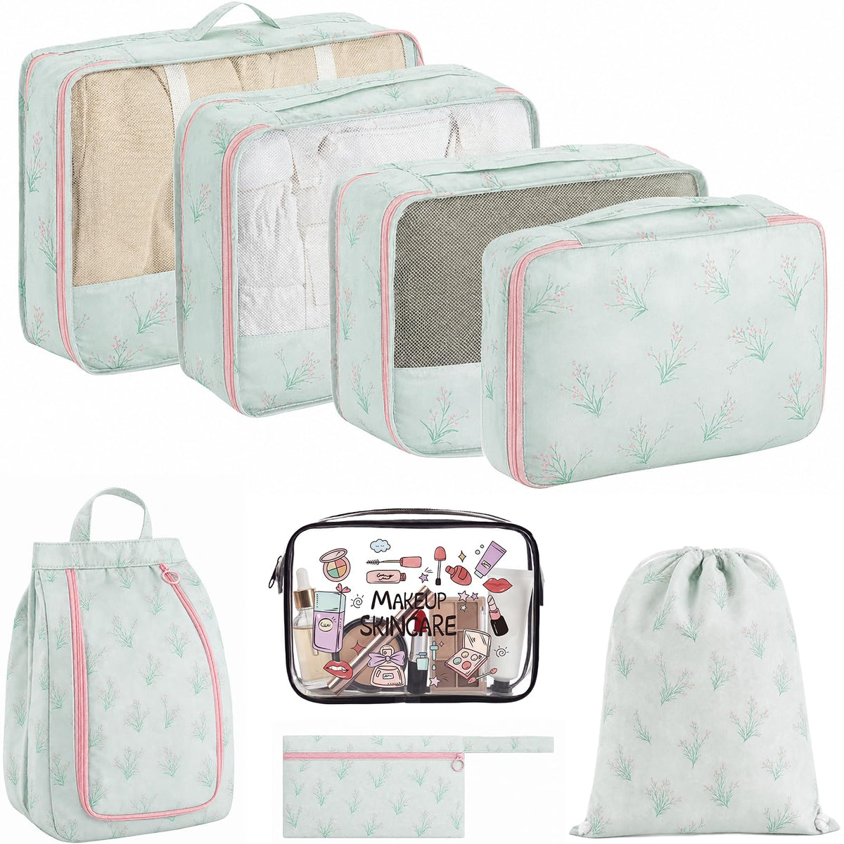 8 Set Packing Cubes for Travel with Clear Toiletry Bag, Durable Luggage Packing Organizers, Carry-On Accessories, TSA Approved See-Through Cubes, Space-Saving Storage Bags, Gifts for Women