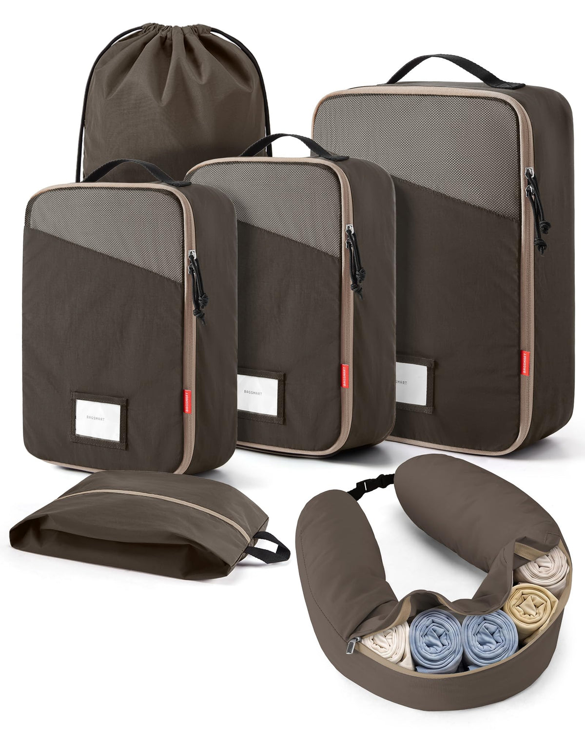 BAGSMART 6 Set Packing Cubes for Travel with Fillable Neck Pillow, Shoe Bag