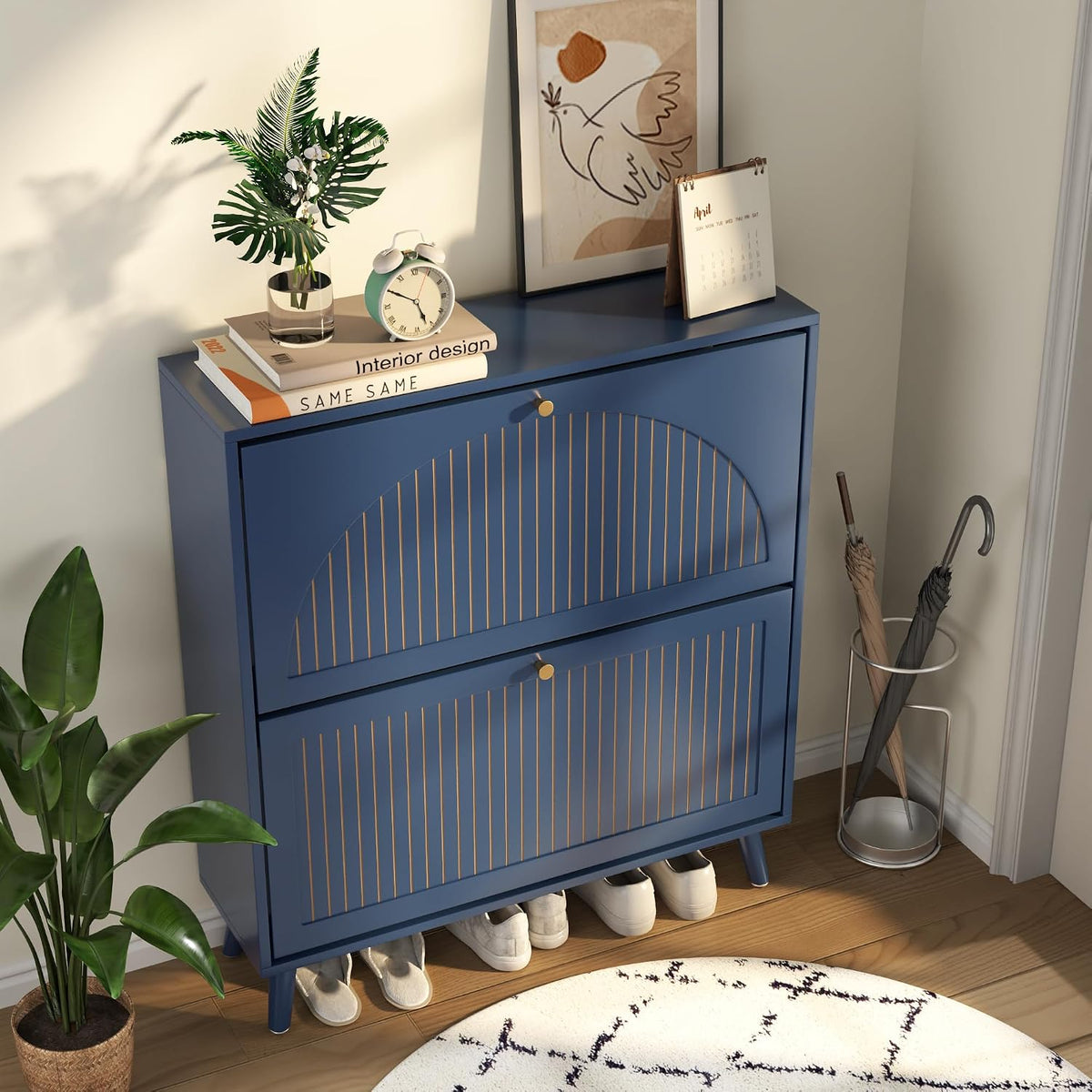 Fsbecl Shoe Storage Cabinet for Entryway with 2 Flip Drawers, Navy Blue