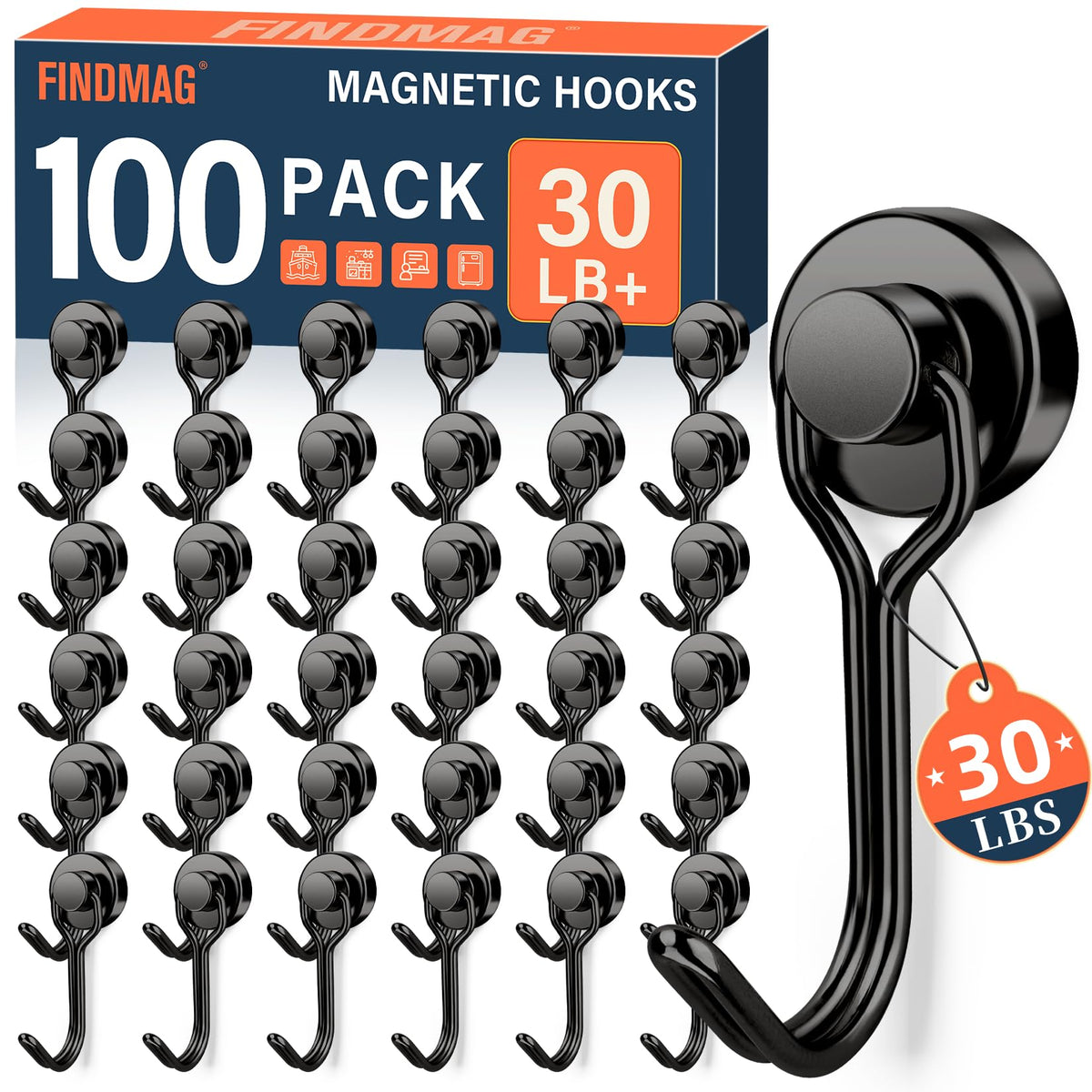 FINDMAG Magnetic Hooks for Cruise Cabins, 6 Pack, 30 LB+, Black