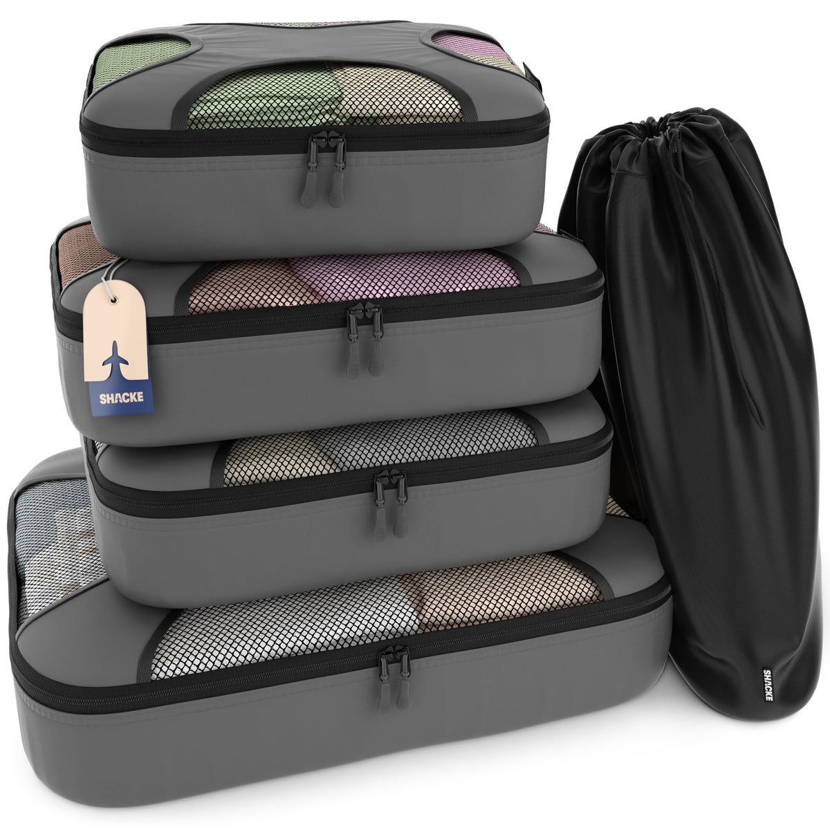 Shacke 5 Set Packing Cubes for Travel with Laundry Bag (Pure Black)