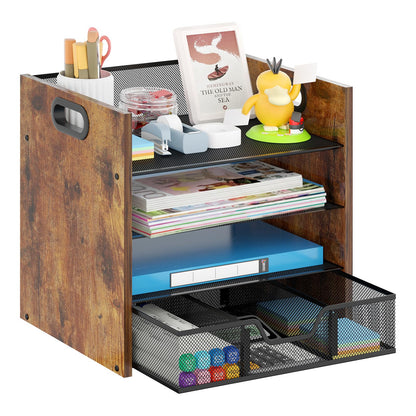 Wood Desk Organizer - 3-Tier Desktop File Organizer with Drawer, Wooden Paper Tray, Office Desk Organzier and Accessories for Papers, Mail, Notebooks, Stationery