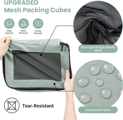Mesh Packing Cubes for Travel, Durable Luggage Organizer with Sturdy Material and Double Zippers, Comprehensive Set for Travel Accessories Storage, 10 set, green