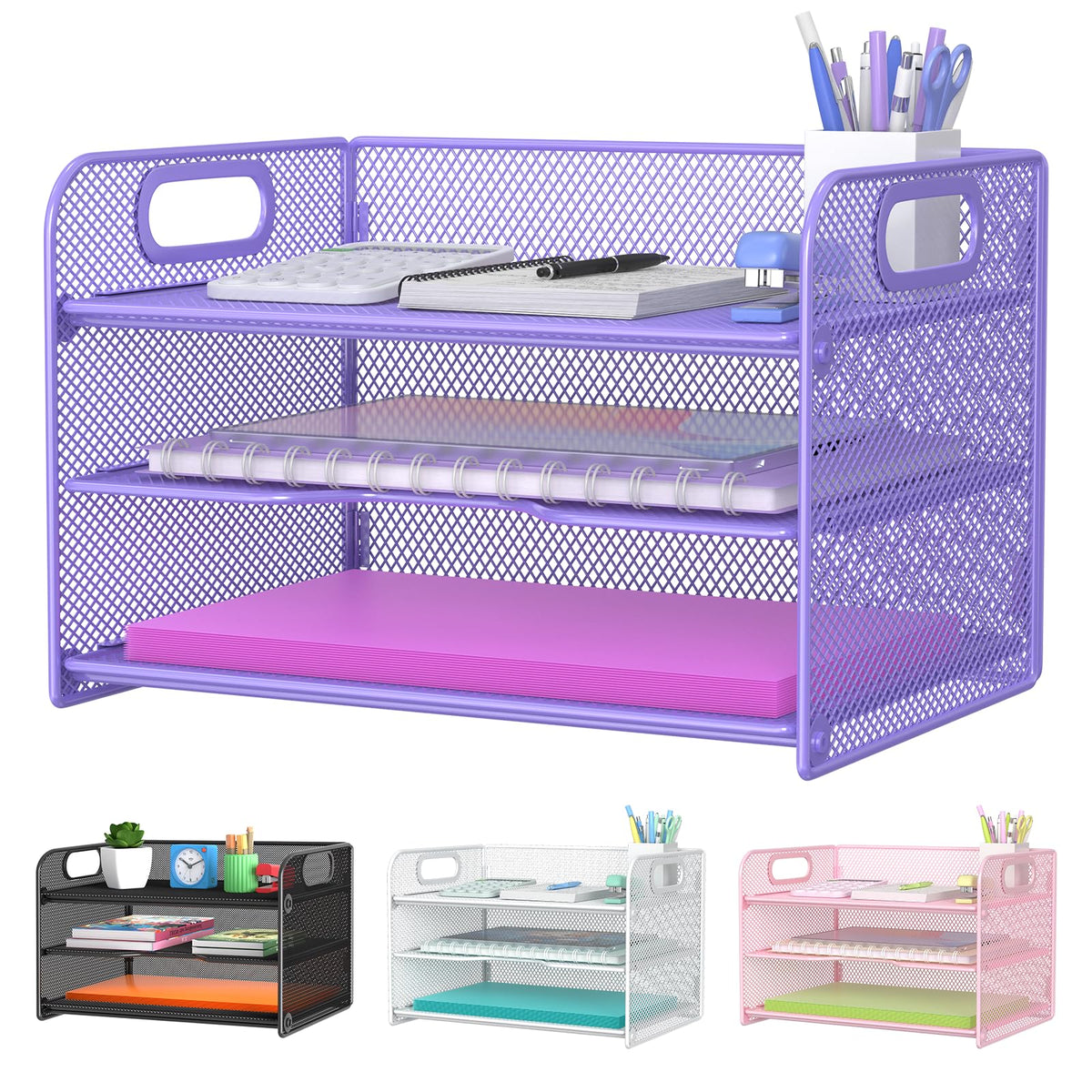 Samstar 3 Tier Pink Letter Tray Paper Organizer with Handle, Mesh Desk Organizer Paper Sorter File Rack Shelves, Pink