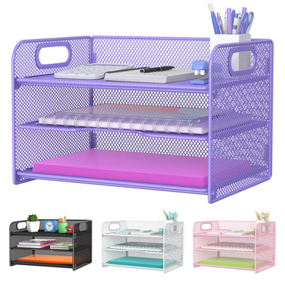 Samstar 3 Tier Pink Letter Tray Paper Organizer with Handle, Mesh Desk Organizer Paper Sorter File Rack Shelves, Pink