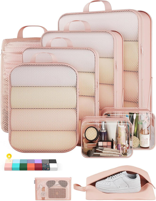 Veken 9/11 Set Compression Packing Cubes for Cruise Travel Essentials,Compressible Expandable Luggage Suitcase Organizer Bags for Clothing,Space Saver Bags with Over 1000 pcs of Mesh Holes(Beige)