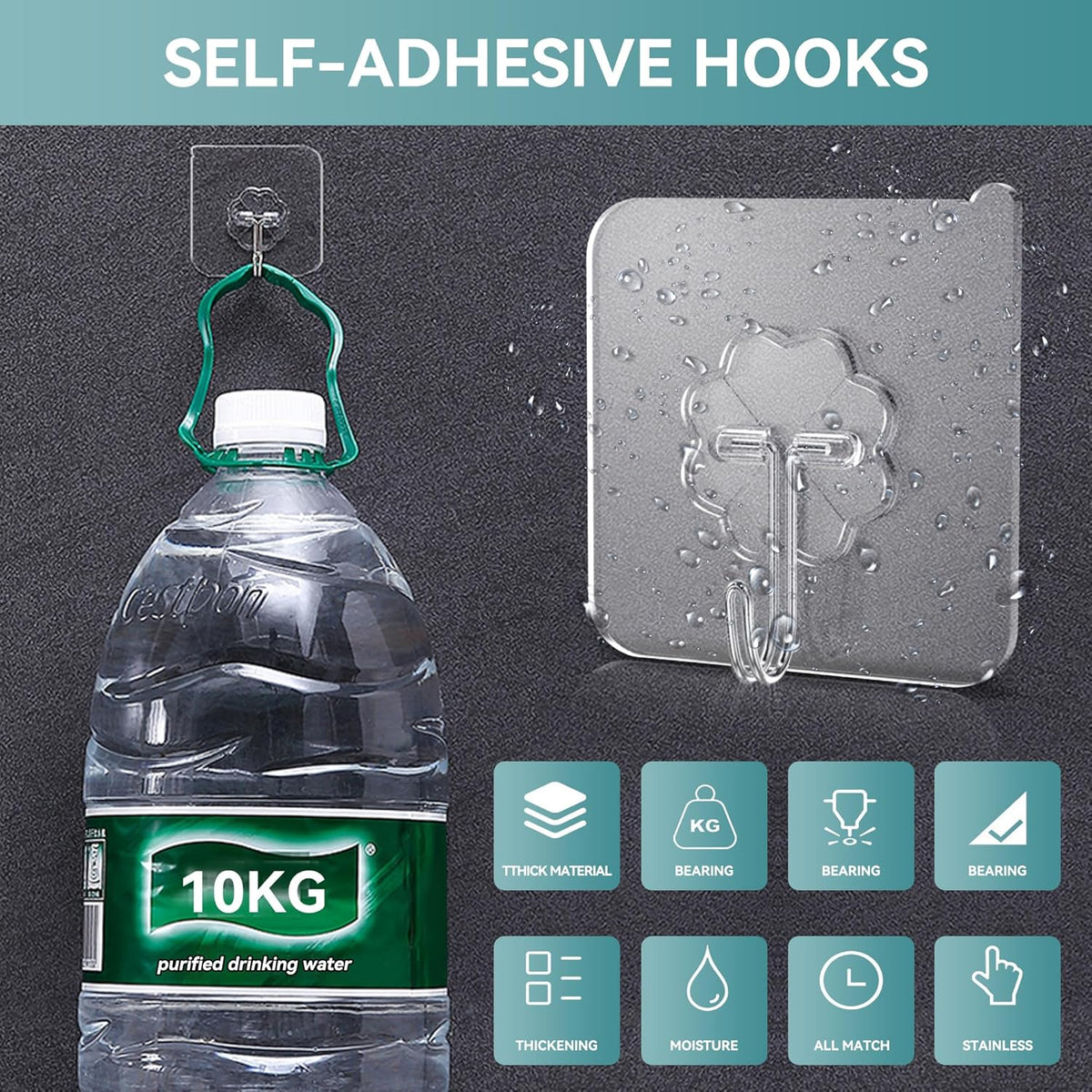 28 Pack Sticky Hooks for Hanging Heavy Duty, Wall Hooks Adhesive, Clear self Adhesive Hooks for Wall, Kitchen, Bathroom, Shower & Ceiling