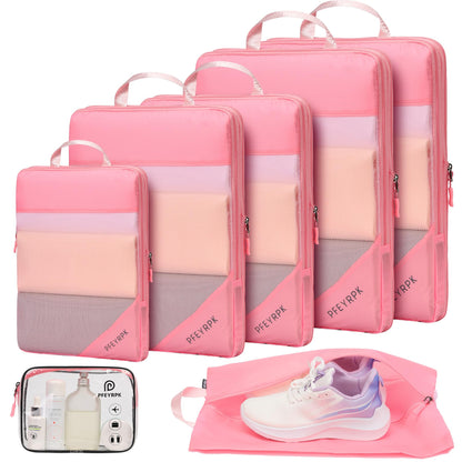PFEYRPK Lightweight Compression Packing Cubes for Suitcases, Compressible Expandable Travel Packing Organizer with Clear Toiletries and Backpack Bag, Travel Essentials for Carry on Luggage 7 Set