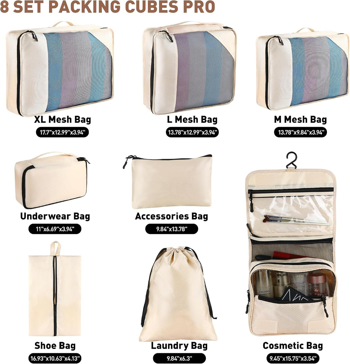 Toncoke 8-Piece Packing Cubes for Travel, 2026 Upgraded Durable Zippers & Reinforced Mesh, Complete Luggage Organizer Set with Shoe/Toiletry/Laundry Bags, 4 Sizes for Suitcase, Men Women, (Beige)