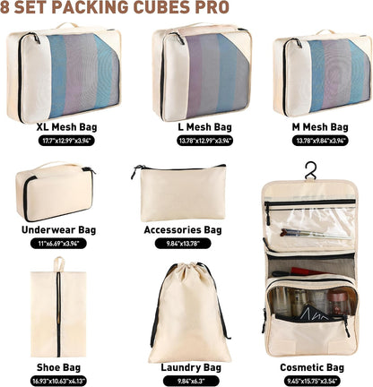 Toncoke 8-Piece Packing Cubes for Travel, 2026 Upgraded Durable Zippers & Reinforced Mesh, Complete Luggage Organizer Set with Shoe/Toiletry/Laundry Bags, 4 Sizes for Suitcase, Men Women, (Beige)