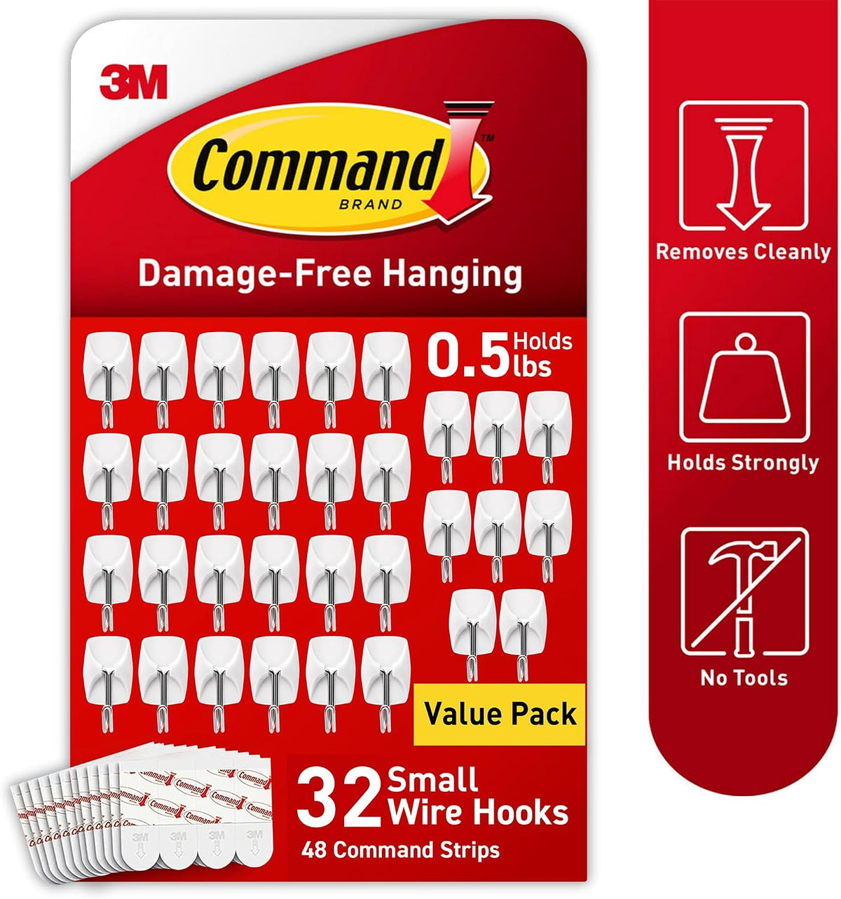 Command Small Wire Toggle Hooks, 32 Count, and 48 Strips, Damage Free Hanging Wall Hooks with Adhesive Strips, No Tools Required for Hanging, Organization and Storage, Holds up to 0.5 lb