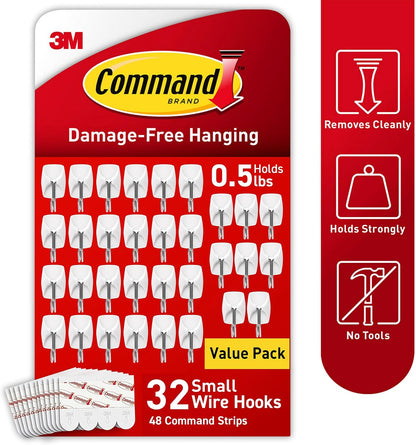Command Small Wire Toggle Hooks, 32 Count, and 48 Strips, Damage Free Hanging Wall Hooks with Adhesive Strips, No Tools Required for Hanging, Organization and Storage, Holds up to 0.5 lb