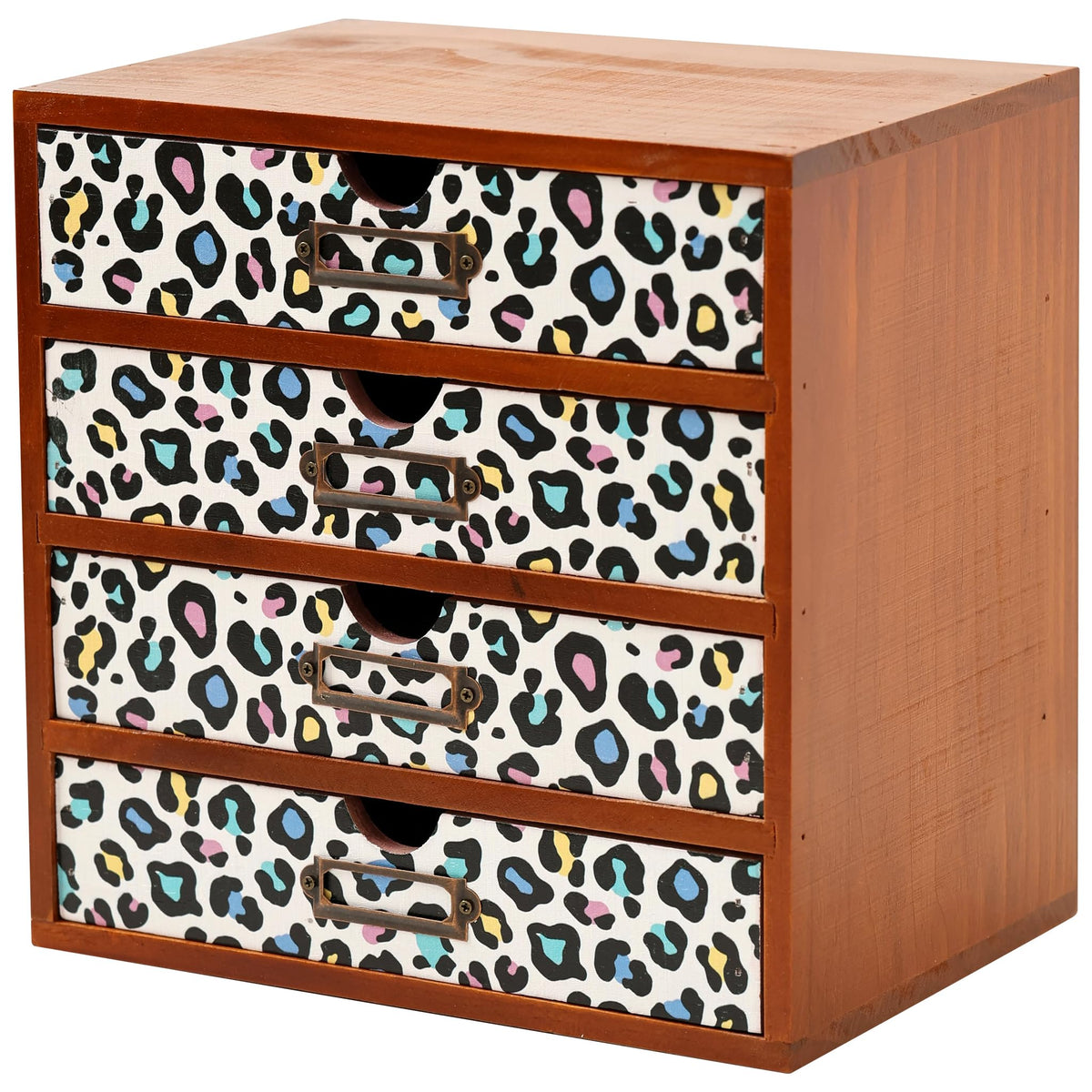 Mid-Century Modern Geometric Pattern Desk Organizer - Earth Tone Desktop Storage with 4-Drawer - Retro Modern Wood Cabinet for Office Supplies, Craft Tools, & Home Organization - MCM Drawer Unit