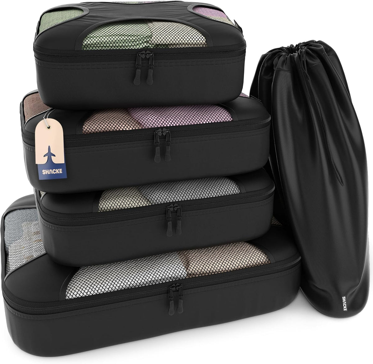 Shacke 5 Set Packing Cubes for Travel with Laundry Bag (Pure Black)