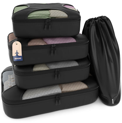 Shacke 5 Set Packing Cubes for Travel with Laundry Bag (Pure Black)