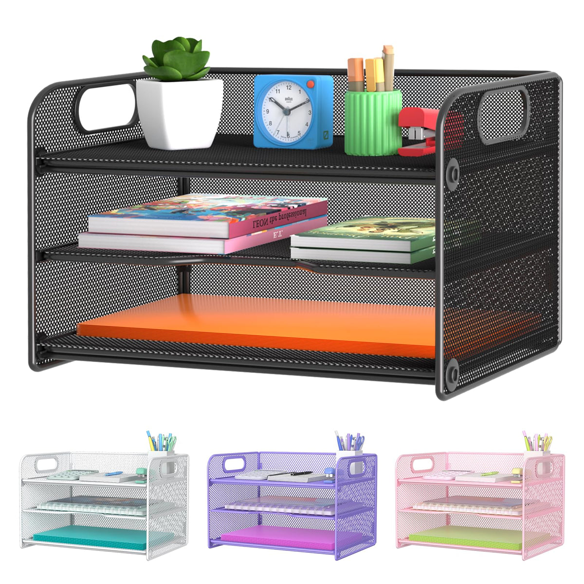 Samstar 3 Tier Pink Letter Tray Paper Organizer with Handle, Mesh Desk Organizer Paper Sorter File Rack Shelves, Pink