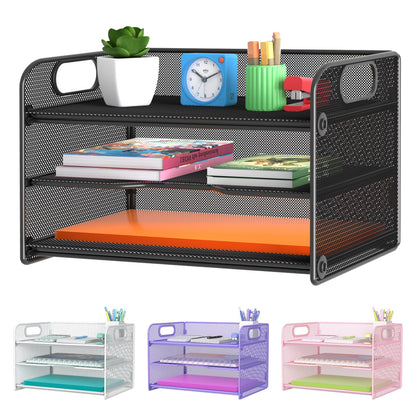 Samstar 3 Tier Pink Letter Tray Paper Organizer with Handle, Mesh Desk Organizer Paper Sorter File Rack Shelves, Pink