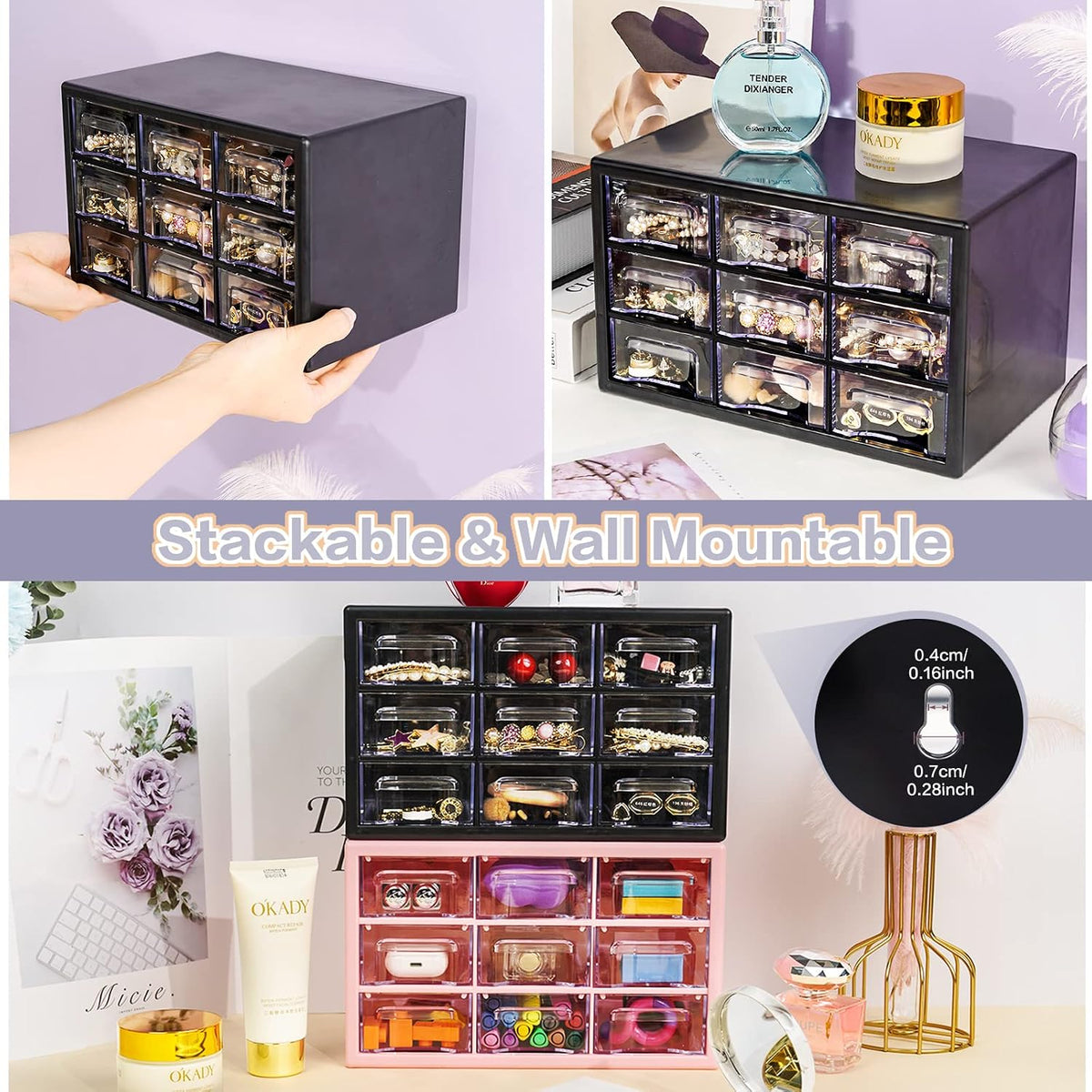 Stackable Desk Organizer with 9 Drawers, Clear Storage Box, Black
