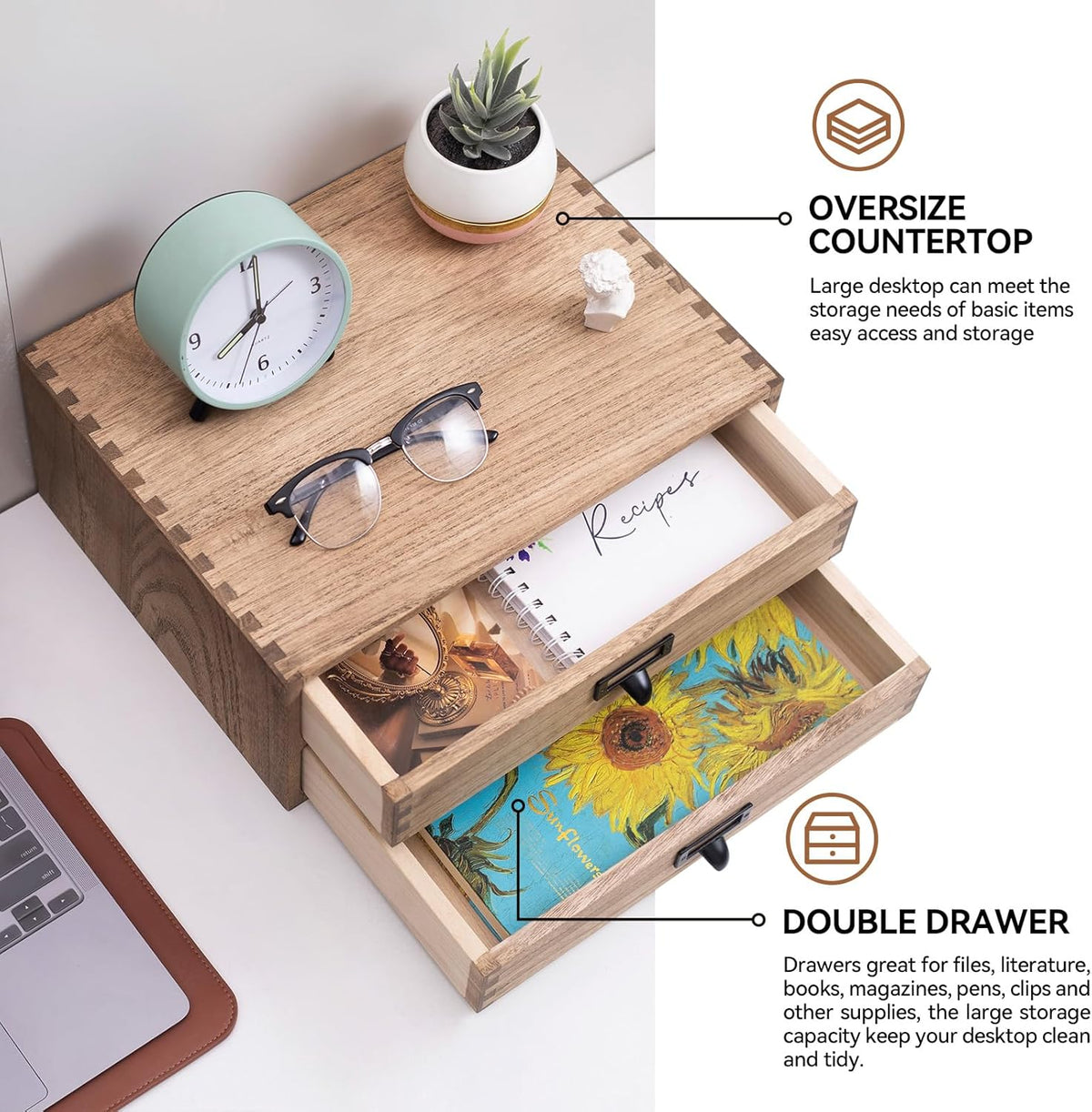 KIRIGEN Solid Wood Desk Organizer with 2 Drawers, Desktop Storage, Brown