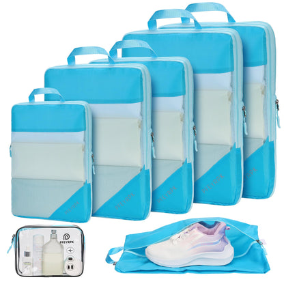 PFEYRPK Lightweight Compression Packing Cubes for Suitcases, Compressible Expandable Travel Packing Organizer with Clear Toiletries and Backpack Bag, Travel Essentials for Carry on Luggage 7 Set