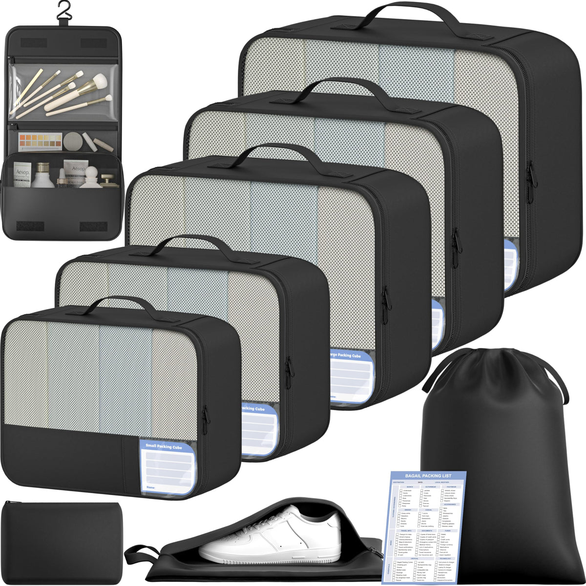 BAGAIL 9 Set Packing Cubes with Packing List Luggage Packing Organizers for Travel Accessories (Cream)