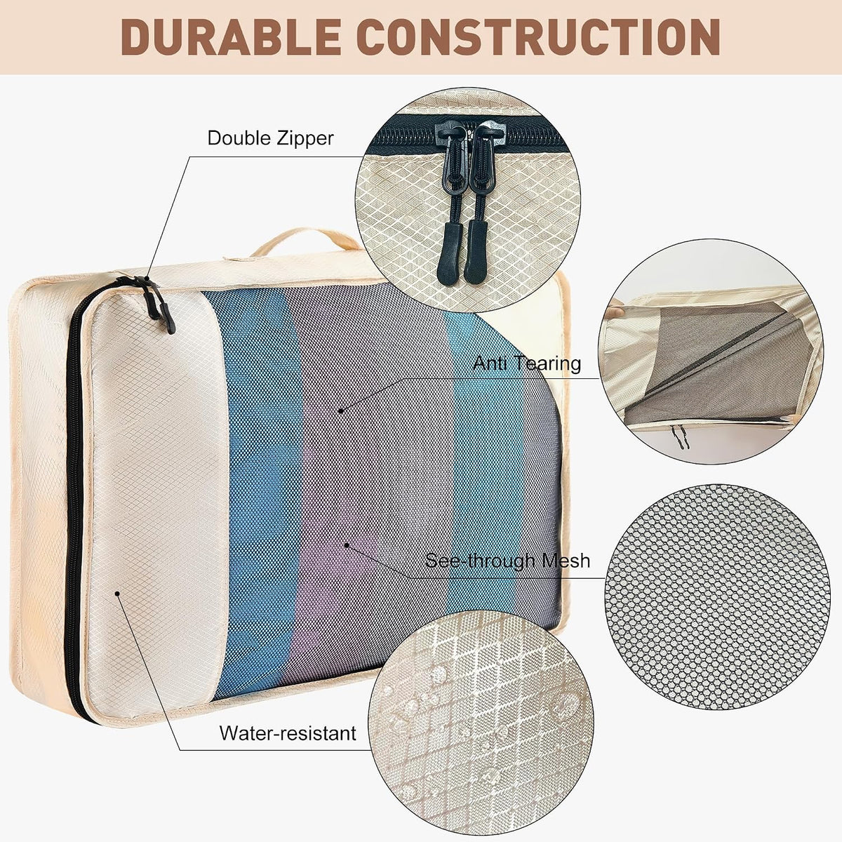 Toncoke 8-Piece Packing Cubes for Travel, 2026 Upgraded Durable Zippers & Reinforced Mesh, Complete Luggage Organizer Set with Shoe/Toiletry/Laundry Bags, 4 Sizes for Suitcase, Men Women, (Beige)