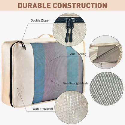 Toncoke 8-Piece Packing Cubes for Travel, 2026 Upgraded Durable Zippers & Reinforced Mesh, Complete Luggage Organizer Set with Shoe/Toiletry/Laundry Bags, 4 Sizes for Suitcase, Men Women, (Beige)