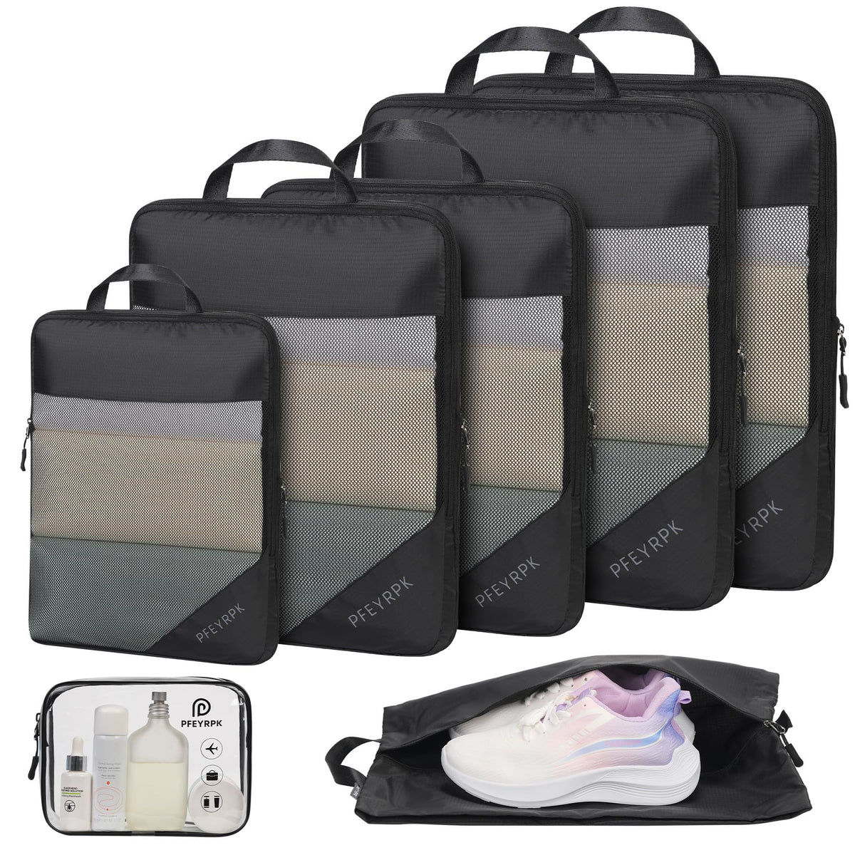 PFEYRPK Lightweight Compression Packing Cubes for Suitcases, Compressible Expandable Travel Packing Organizer with Clear Toiletries and Backpack Bag, Travel Essentials for Carry on Luggage 7 Set