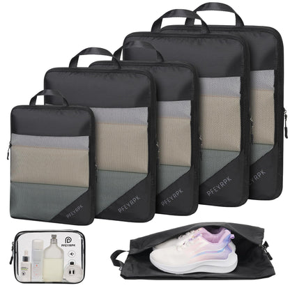 PFEYRPK Lightweight Compression Packing Cubes for Suitcases, Compressible Expandable Travel Packing Organizer with Clear Toiletries and Backpack Bag, Travel Essentials for Carry on Luggage 7 Set