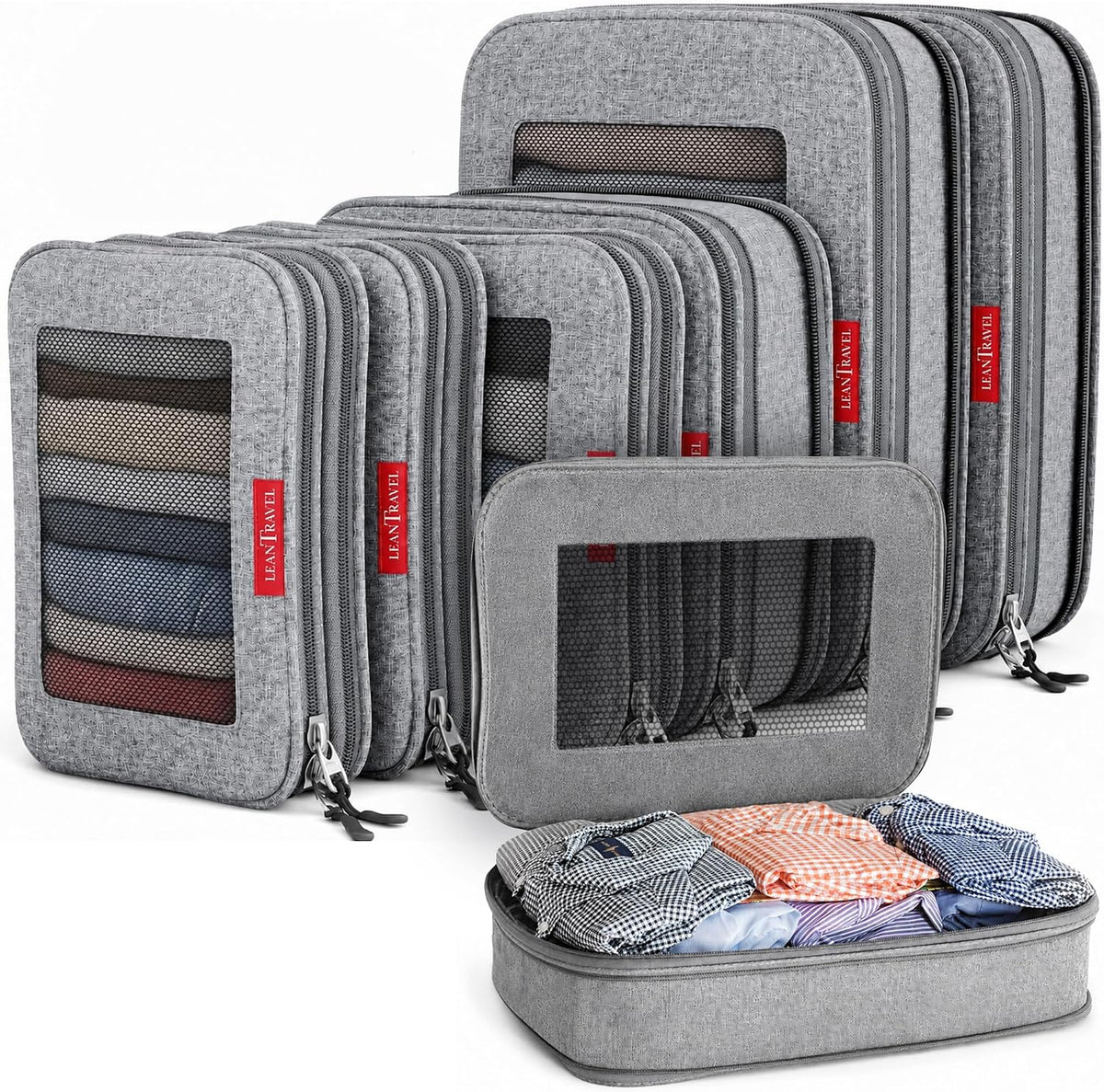 LeanTravel Premium Compression Packing Cubes for Travel - Suitcase Organizer Bags with Double Zipper & Breathable Mesh Panel - Space Saving Carry On Luggage Essentials (6-Pack, Grey)